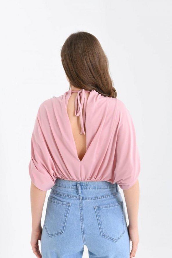 V Yaka Derin Sırt Detaylı Pembe Kadın Bodysuit - 5