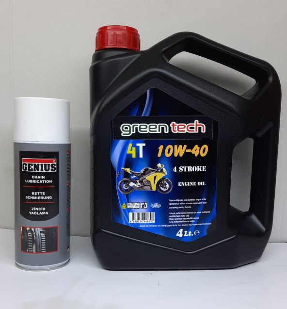 greentech 4t 10W40 Motosiklet Motor Yağı 4 Litre + GENIUS Zincir Yağlama Yağı 400 Ml