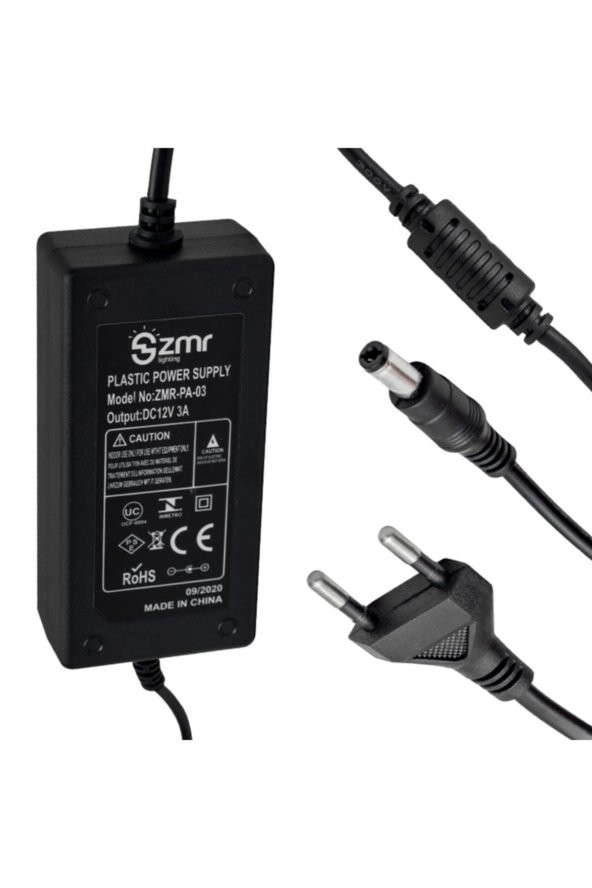 Zmr Zmr-pa-03 12 Volt 3 Amper Plastik Kasa Masaüstü Adaptör 5.5-2.5 Uç Iki Ucu Kablolu