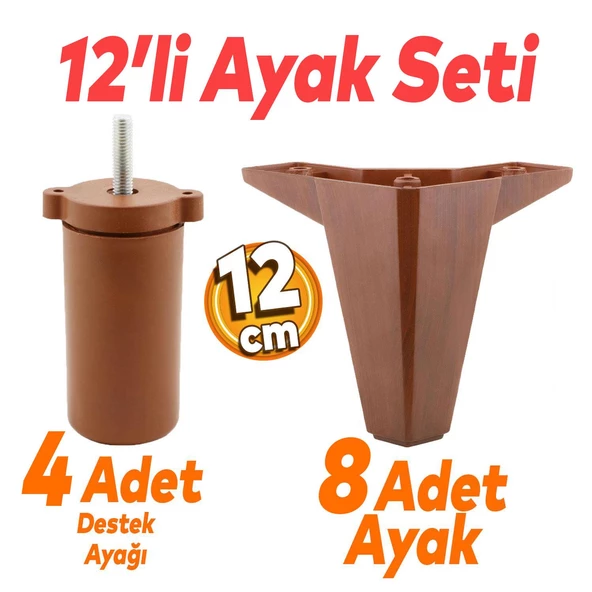 Sedir 12'li Set Mobilya Koltuk Kanepe Baza Tv Ünitesi Çekyat Destek Ayağı 12 Cm Kahverengi Ayakları