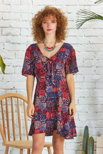 Pencere Detay Bağlamalı V Yaka Bohem Mini Elbise - 2