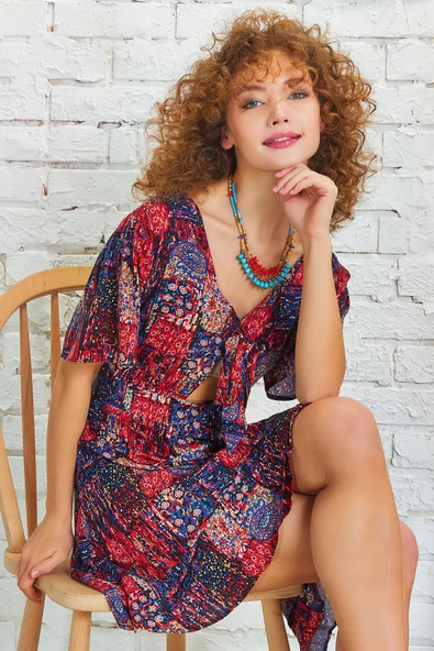 Pencere Detay Bağlamalı V Yaka Bohem Mini Elbise - 3