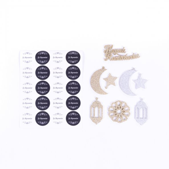 Simli gümüş - altın keçe süs ve İyi Bayramlar sticker seti  9 parça