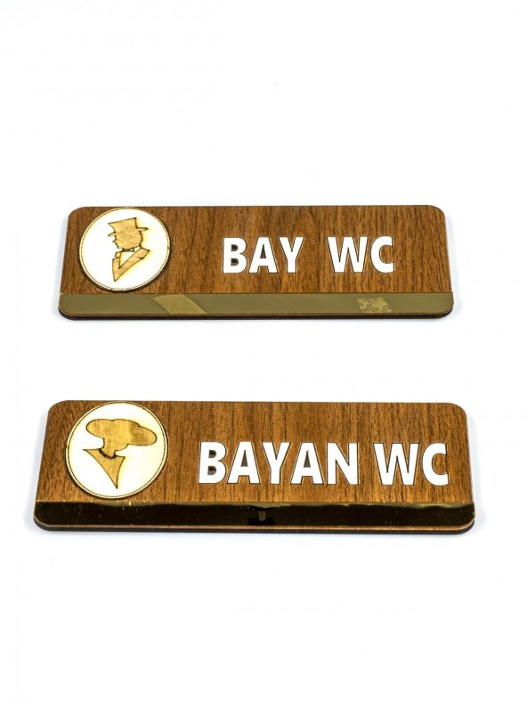 Bay-Bayan Wc Yönlendirme Yazısı Kahverengi Ahşap, Banyo Kapı Tabelası