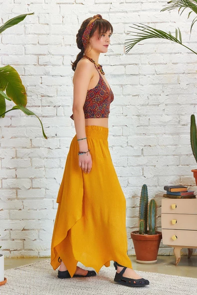 Bohem Tarz Katlı Salaş Beli Lastikli Uzun Etek - Resim 3