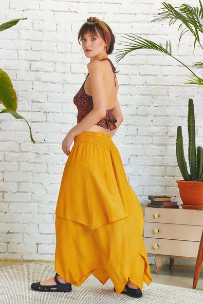 Bohem Tarz Katlı Salaş Beli Lastikli Uzun Etek - Resim 4