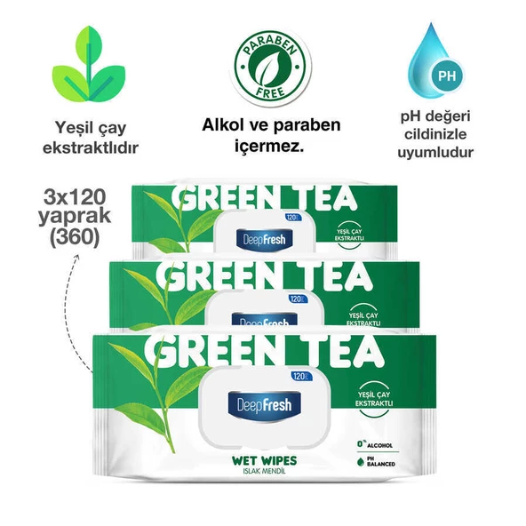 Deep Fresh Doğal Özler Yeşil Çay Islak Mendil 3 x 120 Yaprak - 8