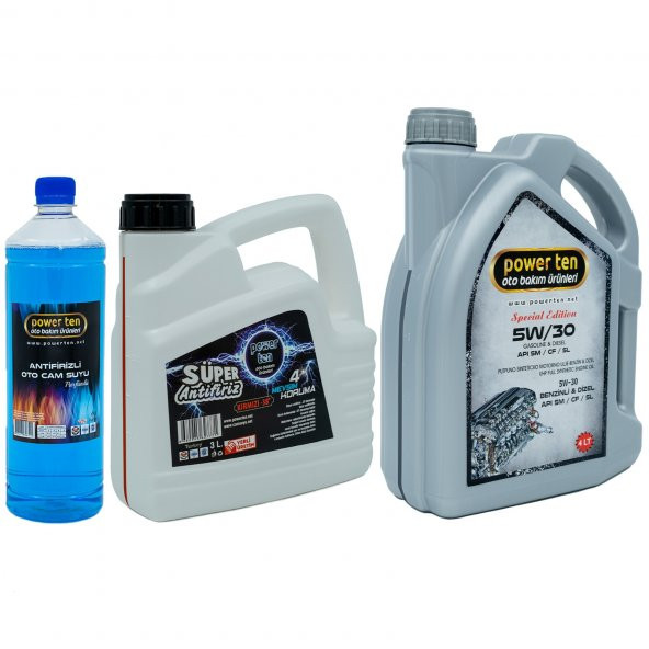 Powerten 5w30 Motor Yağı 4 litre + Kırmızı Antifriz 3 Litre + Cam Suyu 2022