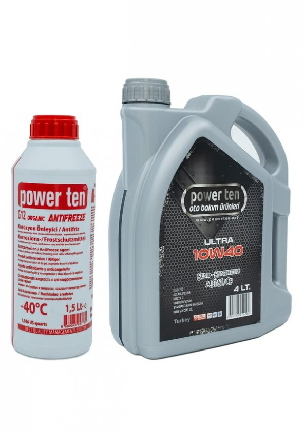 Powerten 10W40 Motor Yağı 4 Litre + Kırmızı Antifriz 1.5 litre 2022