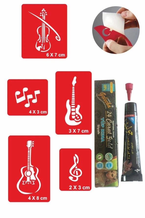 Müzik Gitar Desenleri Hint Kınası ile Geçici Dövme Yapma Seti