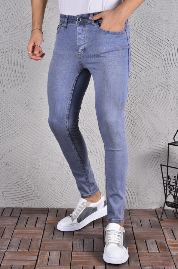 Erkek Jeans Skinny Fit Likralı Açık Mavi Dar Paça Tırnaklı Kot Pantolon