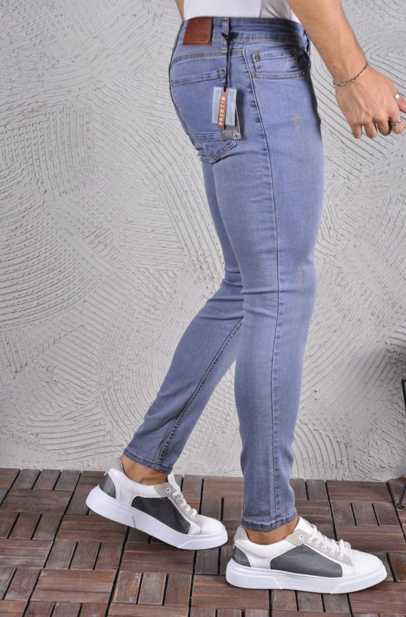 Erkek Jeans Skinny Fit Likralı Açık Mavi Dar Paça Tırnaklı Kot Pantolon - 2
