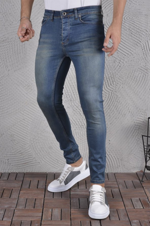 Erkek Jeans Skinny Fit Likralı Mavi Dar Paça Tırnaklı Kot Pantolon