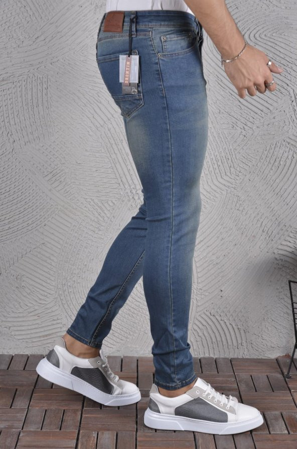 Erkek Jeans Skinny Fit Likralı Mavi Dar Paça Tırnaklı Kot Pantolon - 2
