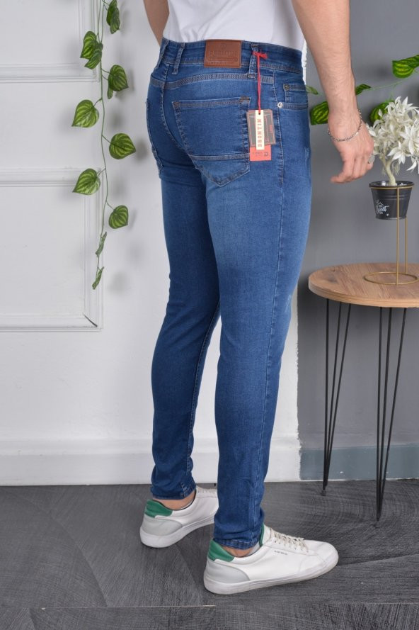 Erkek Jeans Slim Fit Likralı Dar Paça Tırnaklı Mavi Kot Pantolon