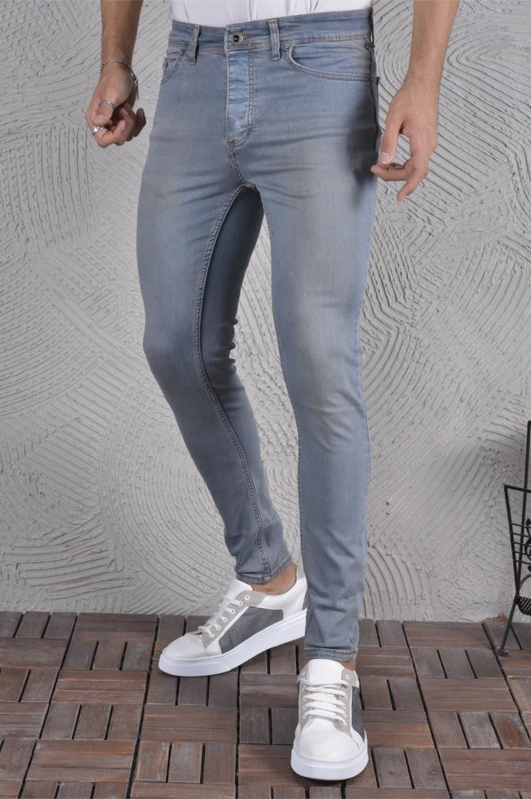 Erkek Jeans Skinny Fit Likralı Açık Mavi Eskitilmiş Görünümlü Dar Paça Kot Pantolon