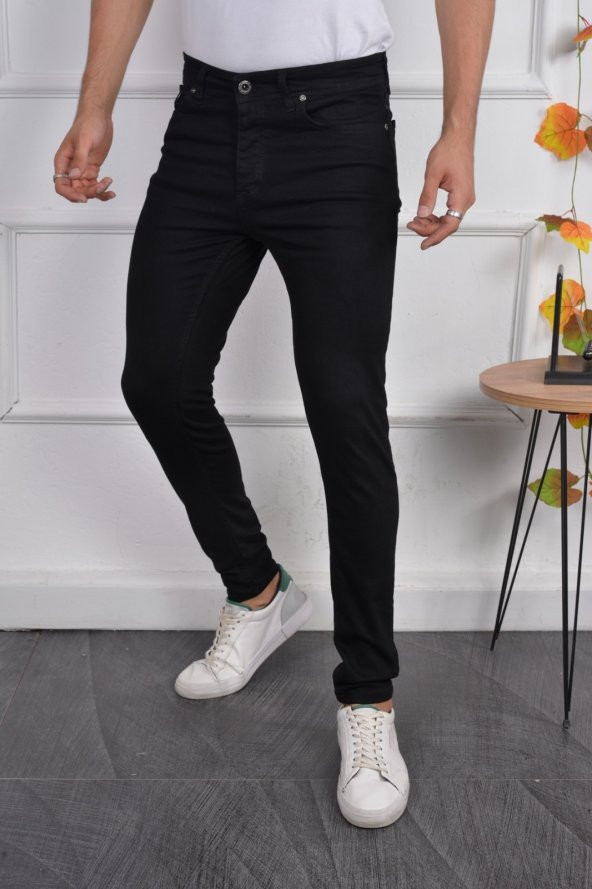 Erkek Jeans Skinny Fit Likralı Siyah Dar Paça Kot Pantolon