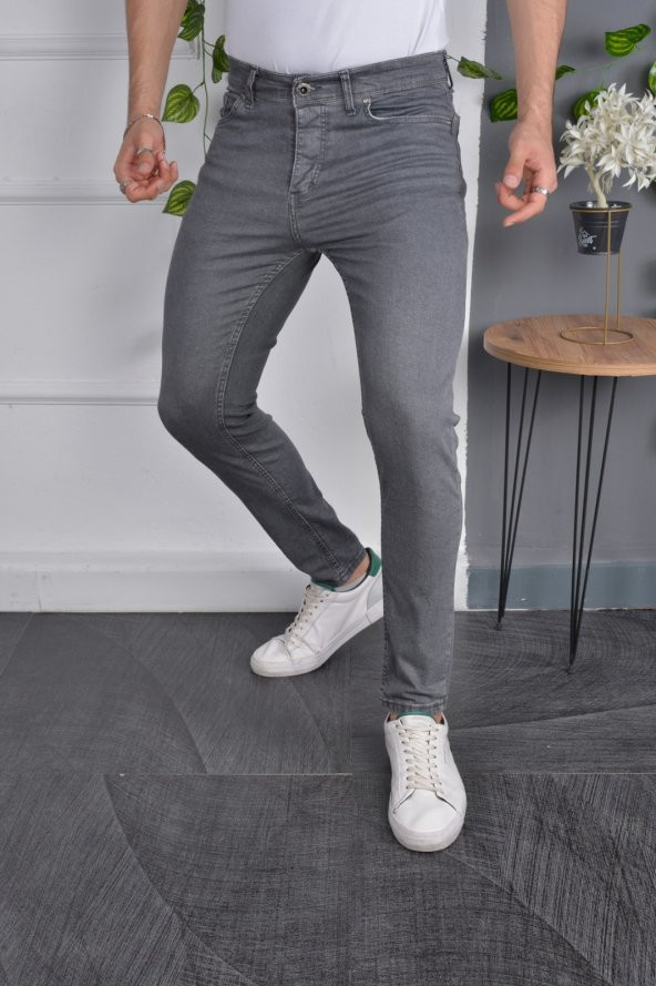 Erkek Jeans Skinny Fit Likralı Antrasit Gri Dar Paça Kot Pantolon