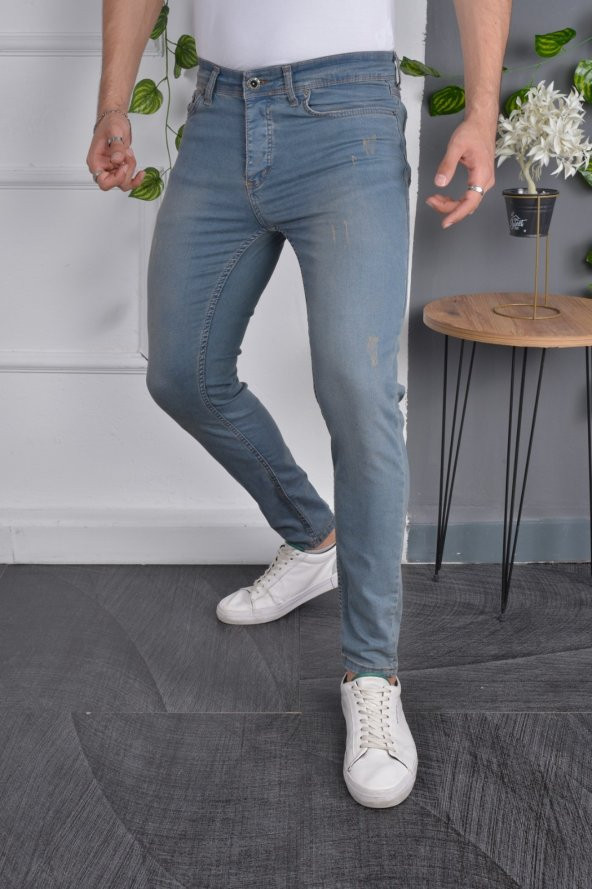 Erkek Jeans Slim Fit Likralı Mavi Dar Kesim Tırnaklı Kot Pantolon