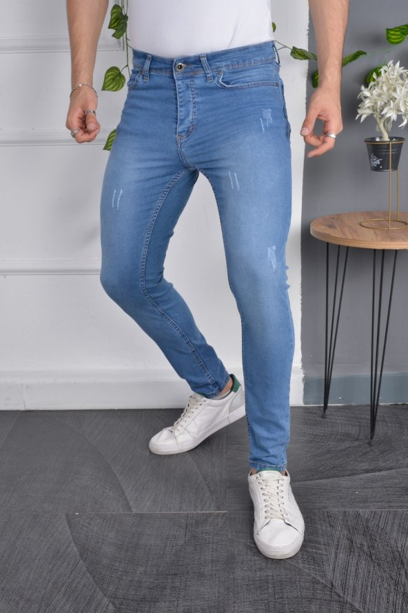 Erkek Slim Fit Likralı Mavi Dar Paça Tırnaklı Esnek Jean Kot Pantolon