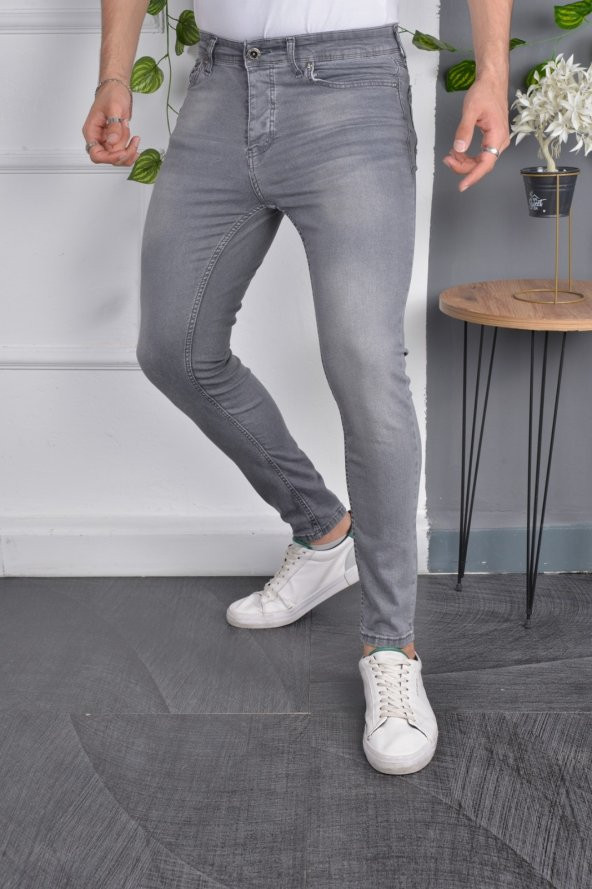 Erkek Jeans Skinny Fit Likralı Eskitilmiş Görünümlü Gri Dar Paça Kot Pantolon
