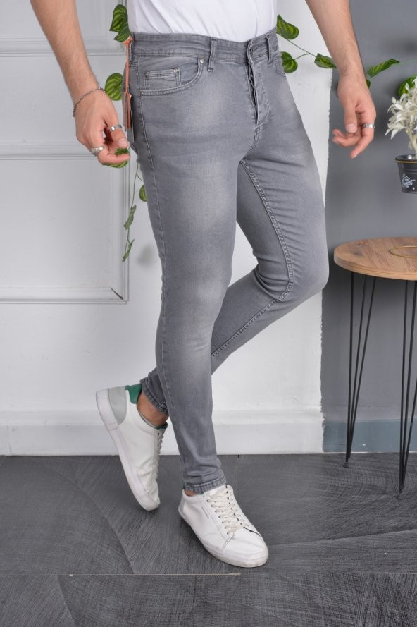 Erkek Jeans Skinny Fit Likralı Eskitilmiş Görünümlü Gri Dar Paça Kot Pantolon - 2