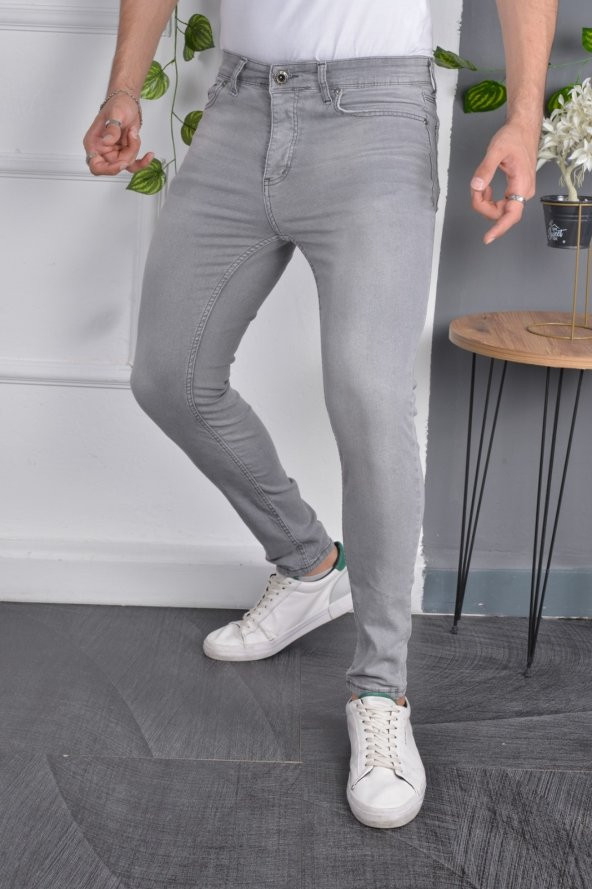 Erkek Jeans Skinny Fit Likralı Açık Gri Dar Paça Kot Pantolon