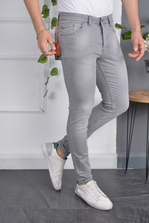 Erkek Jeans Skinny Fit Likralı Açık Gri Dar Paça Kot Pantolon - 2
