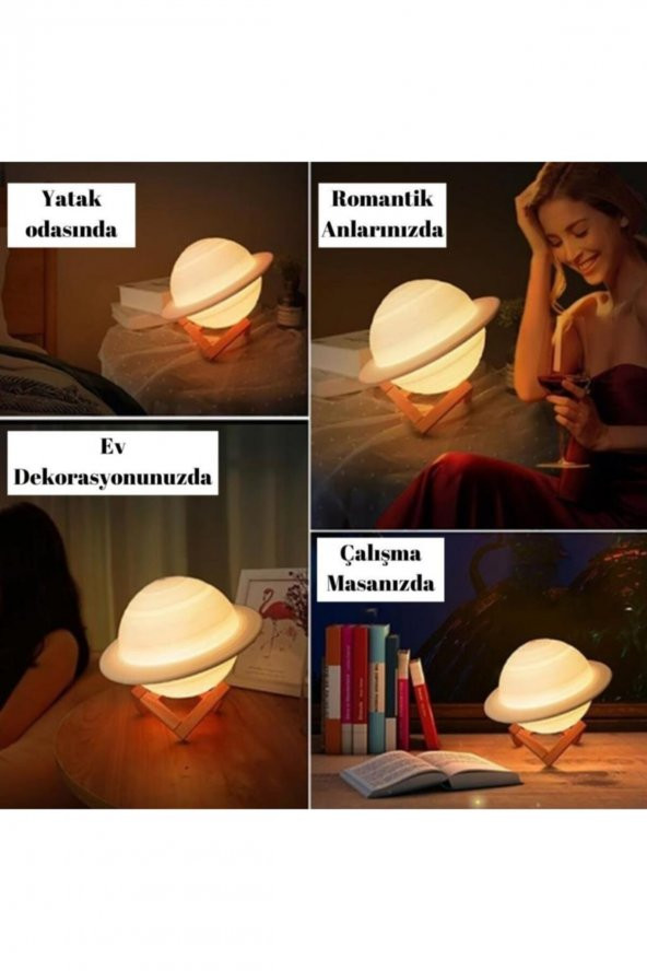 Buffer 3d Print Satürn Dokunmatik Gezegen Ahşap Stantlı 3 Renk Usb Şarjlı Gece Lambası (kumandasız) - 2