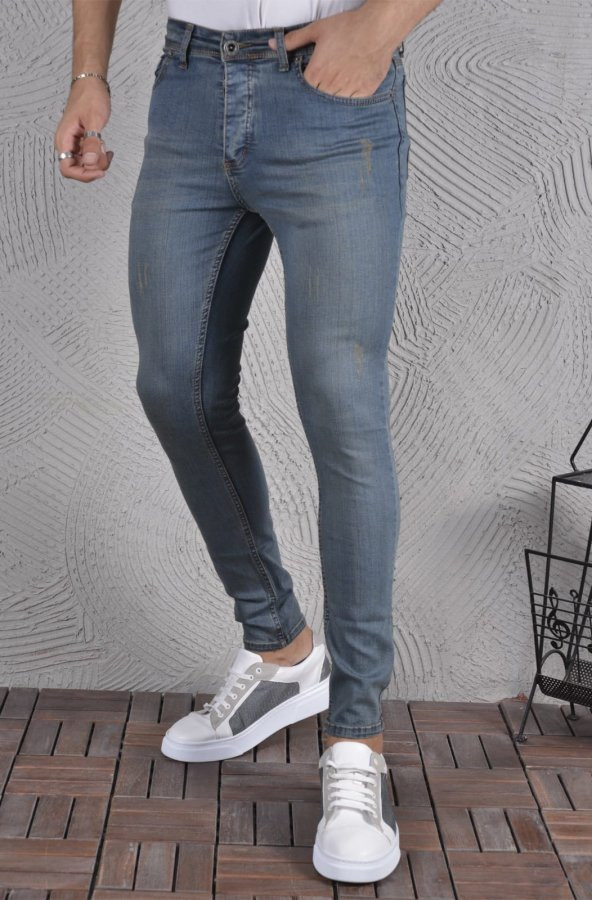 Erkek Jeans Skinny Fit Likralı İtalyan Kesim Dar Paça Tırnaklı Kot Pantolon