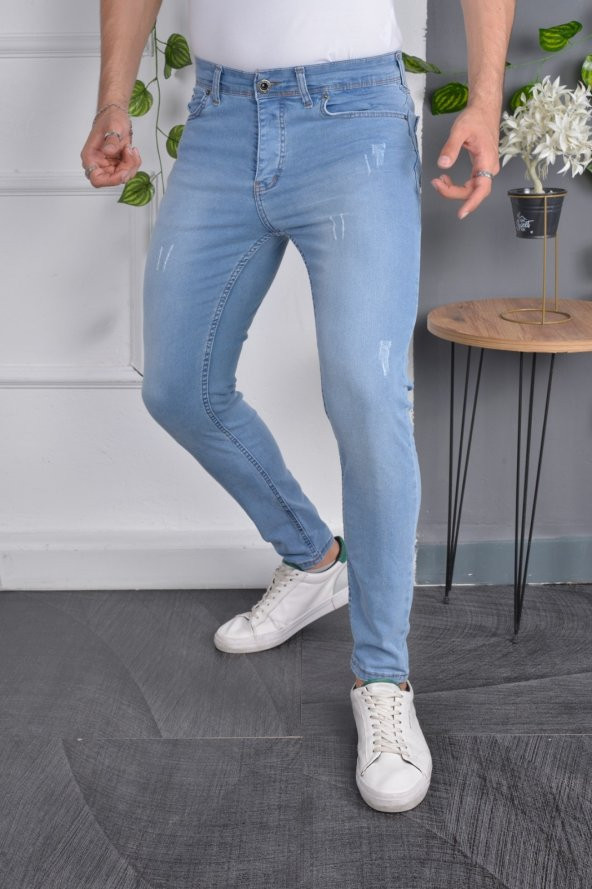 Erkek Jeans Skinny Fit Likralı Açık Mavi İtalyan Stil Dar Paça Tırnaklı Kot Pantolon