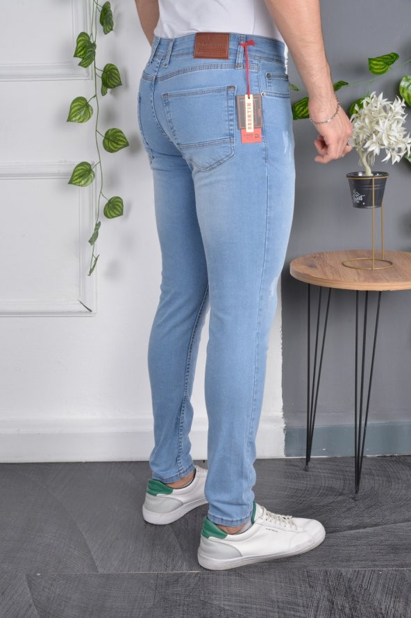 Erkek Jeans Skinny Fit Likralı Açık Mavi İtalyan Stil Dar Paça Tırnaklı Kot Pantolon - 2