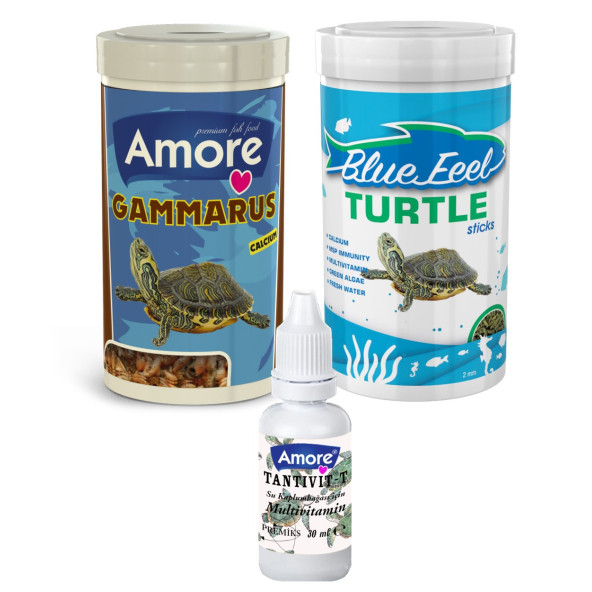 Amore Gammarus 250 ml ve BlueFeel Turtle Sticks 250 ml Kutu ve Multivitamin 30cc