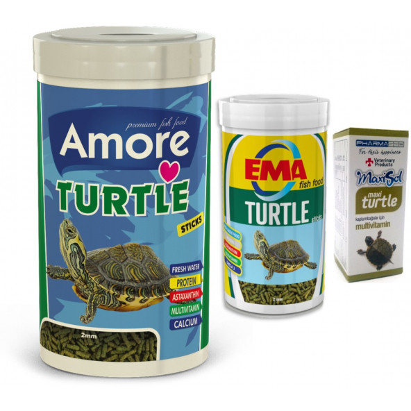 Amore Turtle Green Sticks Kaplumbağa Yemi ve Multivitamin Seti 1000 ve 250 ml Ema