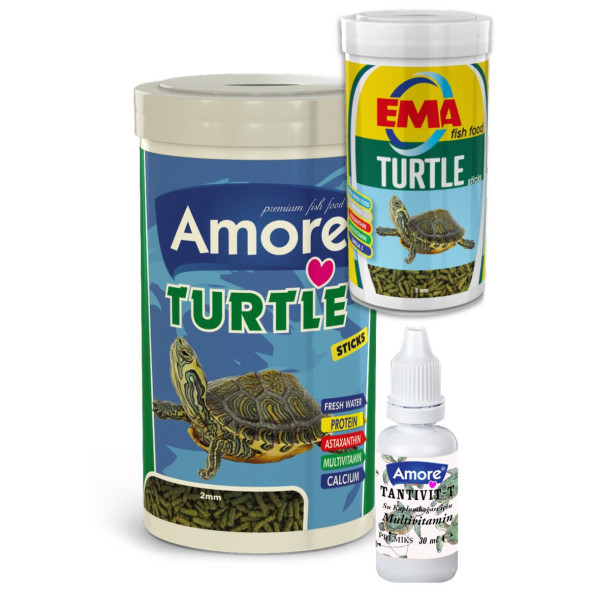 Amore Turtle Green Sticks Kaplumbağa Yemi ve Multivitamin Seti 1000 ve 250 ml Ema