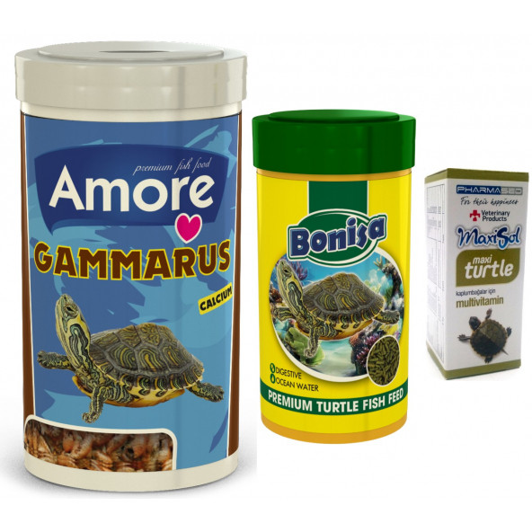 Amore Gammarus Turtle Kaplumbağa Yemi 1000ml ve 250ml Turtle Sticks Bonisa ve Multivitamin