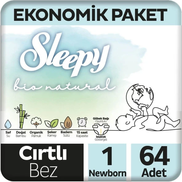 Sleepy Bio Natural Avantajlı Paket Bebek Bezi 1 Numara Yenidoğan 192 Adet