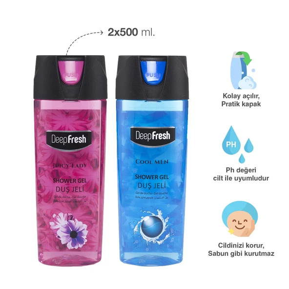 Deep Fresh Pratik Kapaklı Erkek & Kadın Duş Jeli Juicy Lady ve Cool Men 500 ml x 2 Adet - 2