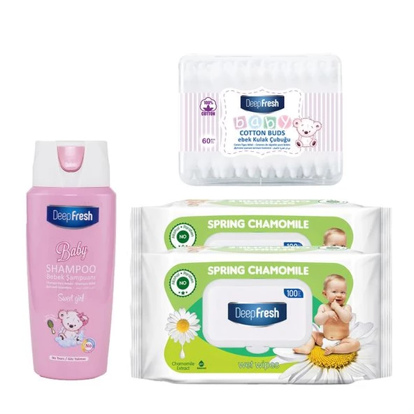 Deep Fresh Baby Kız Ekonomik Paket (Sweet Girl Şampuan 500 ml & Papatya Islak Mendil 200 Yaprak & Kulak Temizleme Çubuğu 60 Adet)