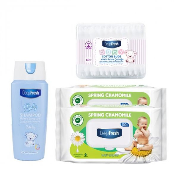 Deep Fresh Baby Erkek Ekonomik Paket (Cute Boy Şampuan 500 ml & Papatya Islak Mendil 200 Yaprak & Kulak Temizleme Çubuğu 60 Adet)