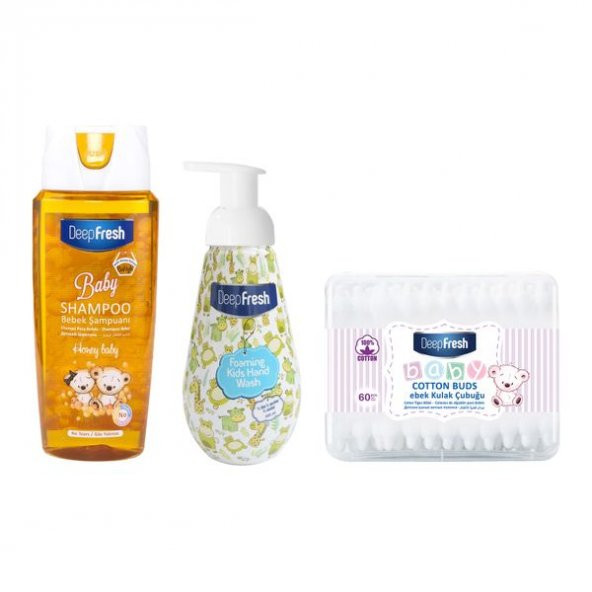 Deep Fresh Baby Banyo Bakım Seti (Honey Bebek Şampuanı 500 ml & Bebek Köpük Sabun 400 ml & Kulak Temizleme Çubuğu 60 Adet)