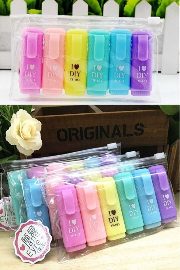I Love Dıy Mottolu 6lı Mini Fosforlu Kalem Seti-pastel Renkler F.k