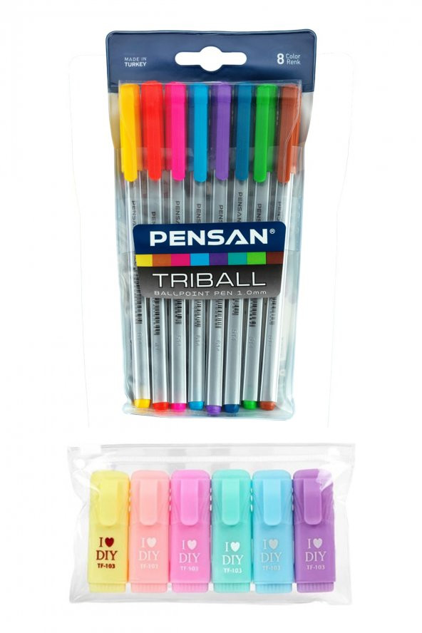 Triball 8li Tükenmez Kalem + I Love Diy Mini Fosforlu Kalem 6lı Set f.k