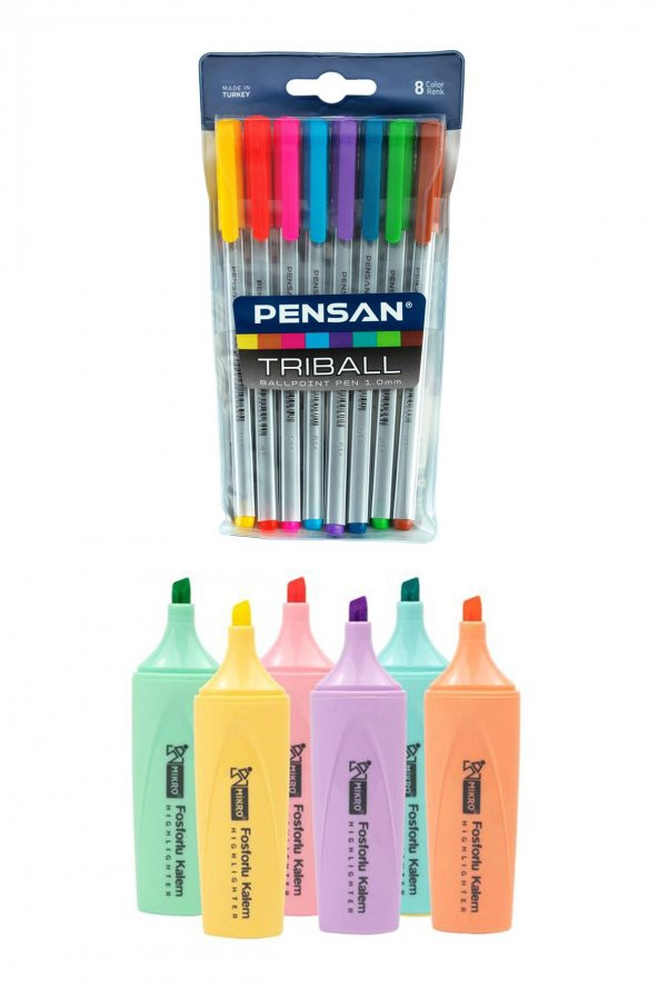 Triball Tükenmez Kalem 8 Renk + Mikro 6 Renk Pastel Fosforlu