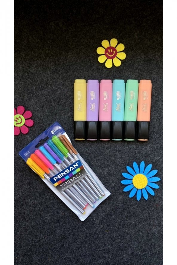 Triball Tükenmez Kalem 8 Renk + Masis Pastel Renk Fosforlu Işaretleme Kalemi 6 Lı Set