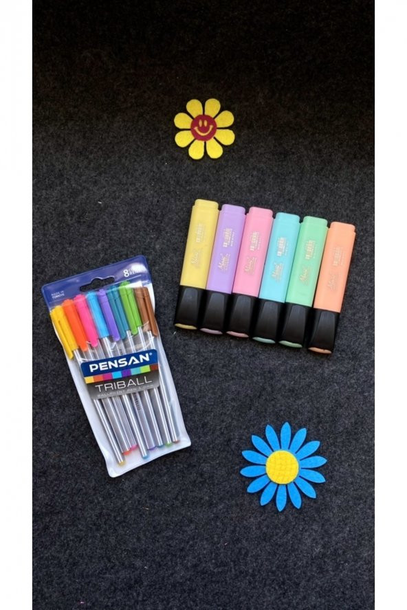 Triball Tükenmez Kalem 8 Renk + Masis Pastel Renk Fosforlu Işaretleme Kalemi 6 Lı Set - 2