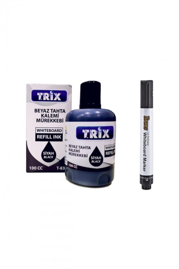 Doldurulabilir Beyaz Yazı Tahtası Kalemi + Trix Mürekkep 100 ml - Siyah