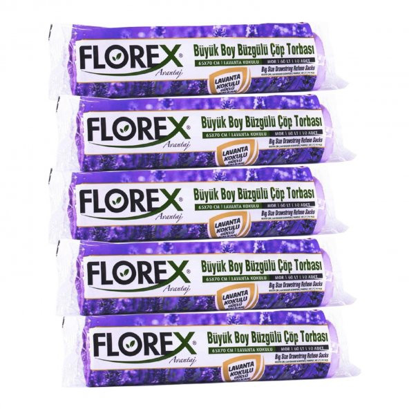 Florex 60 Litre Büzgülü Lavanta Kokulu Çöp Torbası Poşeti / 65 x 70 Cm. - 10x5 Rulo / Paket