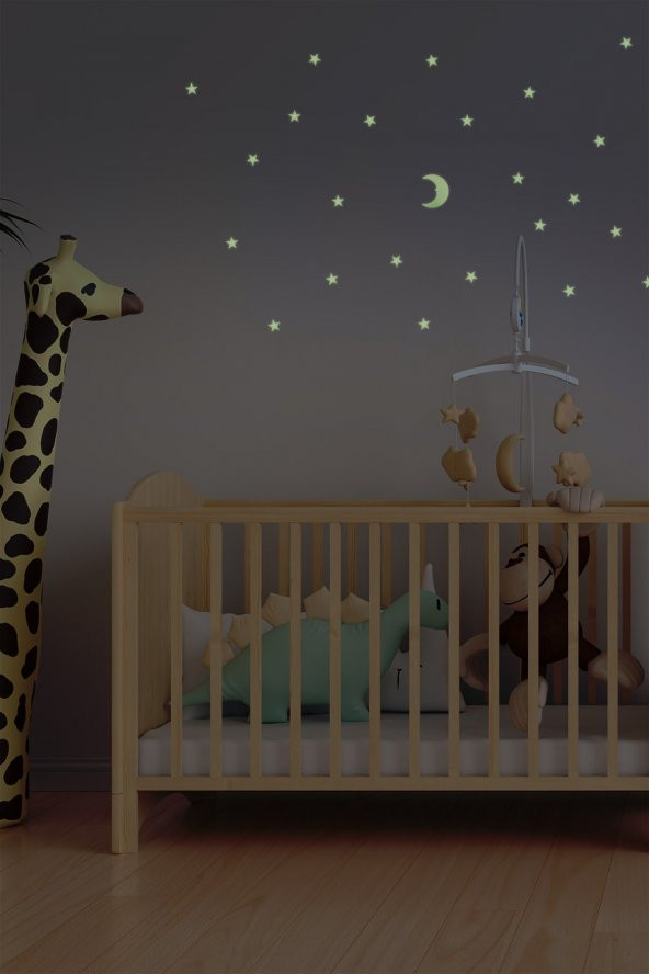 24 Adet Fosforlu Mini Yıldız ve Ay Yeşil Karanlıkta Parlar Duvar ve Tavan Çocuk Odası Süs Sticker