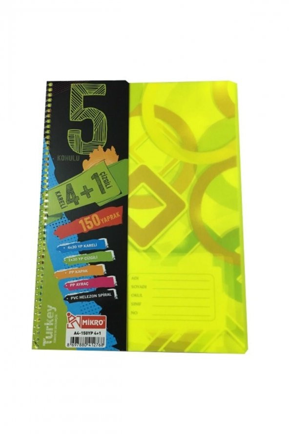 A4-150 Yaprak 4+1 Ayraçlı Konulu Defter Helezon Spiral